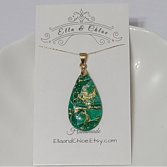 Handcrafted Large Chunky Emerald Green Gold Teardrop Gemstone Inspired Pendant - Picture 2 of 7